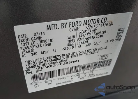 2015 Ford Explorer Xlt из США, поврежденный, VIN 1FM5K8D81FGA37861